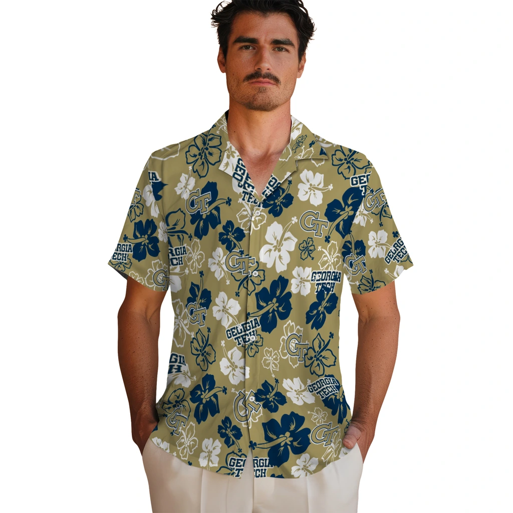Georgia Tech Yellow Jackets Hawaiian Shirt - Hibiscus Flower Design georgia tech yellow jackets hibiscus bloom gold hawaiian shirts fashion forward