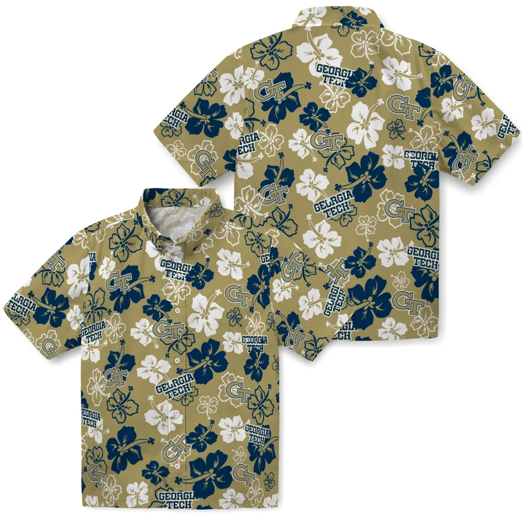Georgia Tech Yellow Jackets Hawaiian Shirt - Hibiscus Flower Design georgia tech yellow jackets hibiscus bloom gold hawaiian shirts high quality