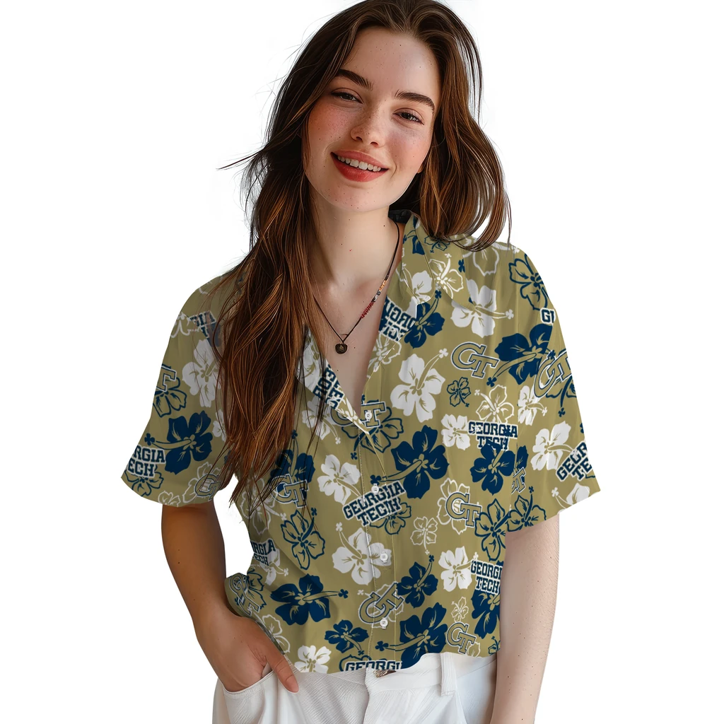 Georgia Tech Yellow Jackets Hawaiian Shirt - Hibiscus Flower Design georgia tech yellow jackets hibiscus bloom gold hawaiian shirts latest model