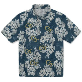georgia tech yellow jackets hibiscus flowers navy blue hawaiian shirts best selling