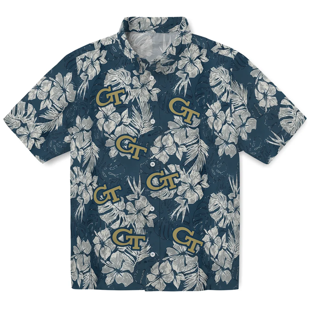 Georgia Tech Yellow Jackets Hawaiian Shirt - Hibiscus Flowers georgia tech yellow jackets hibiscus flowers navy blue hawaiian shirts best selling