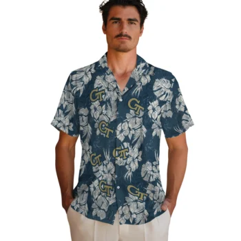 georgia tech yellow jackets hibiscus flowers navy blue hawaiian shirts fashion forward