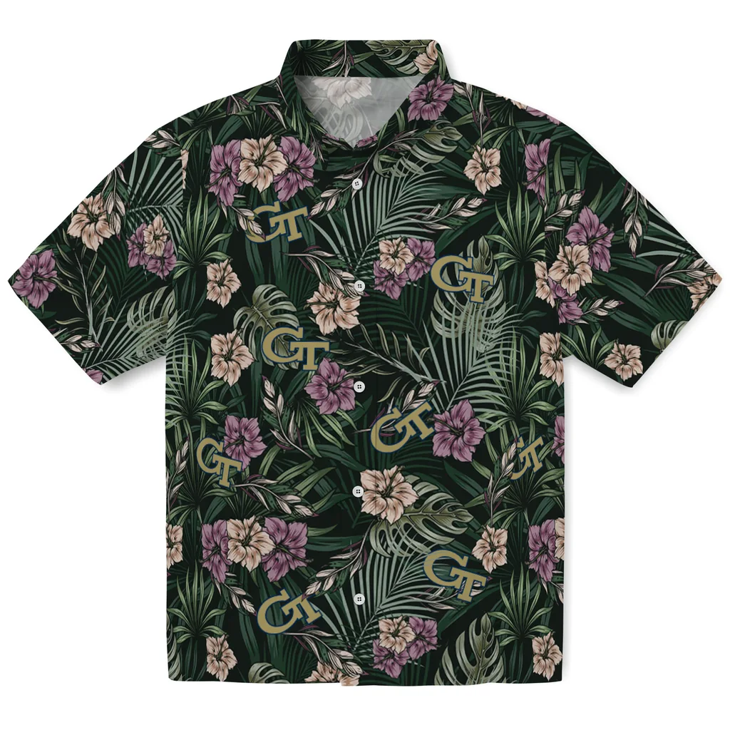 Georgia Tech Yellow Jackets Hawaiian Shirt - Hibiscus Leaves Pattern georgia tech yellow jackets hibiscus leaves pattern green hawaiian shirts best selling