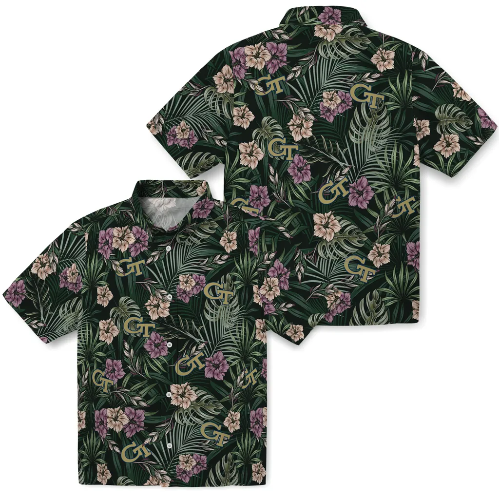 Georgia Tech Yellow Jackets Hawaiian Shirt - Hibiscus Leaves Pattern georgia tech yellow jackets hibiscus leaves pattern green hawaiian shirts high quality