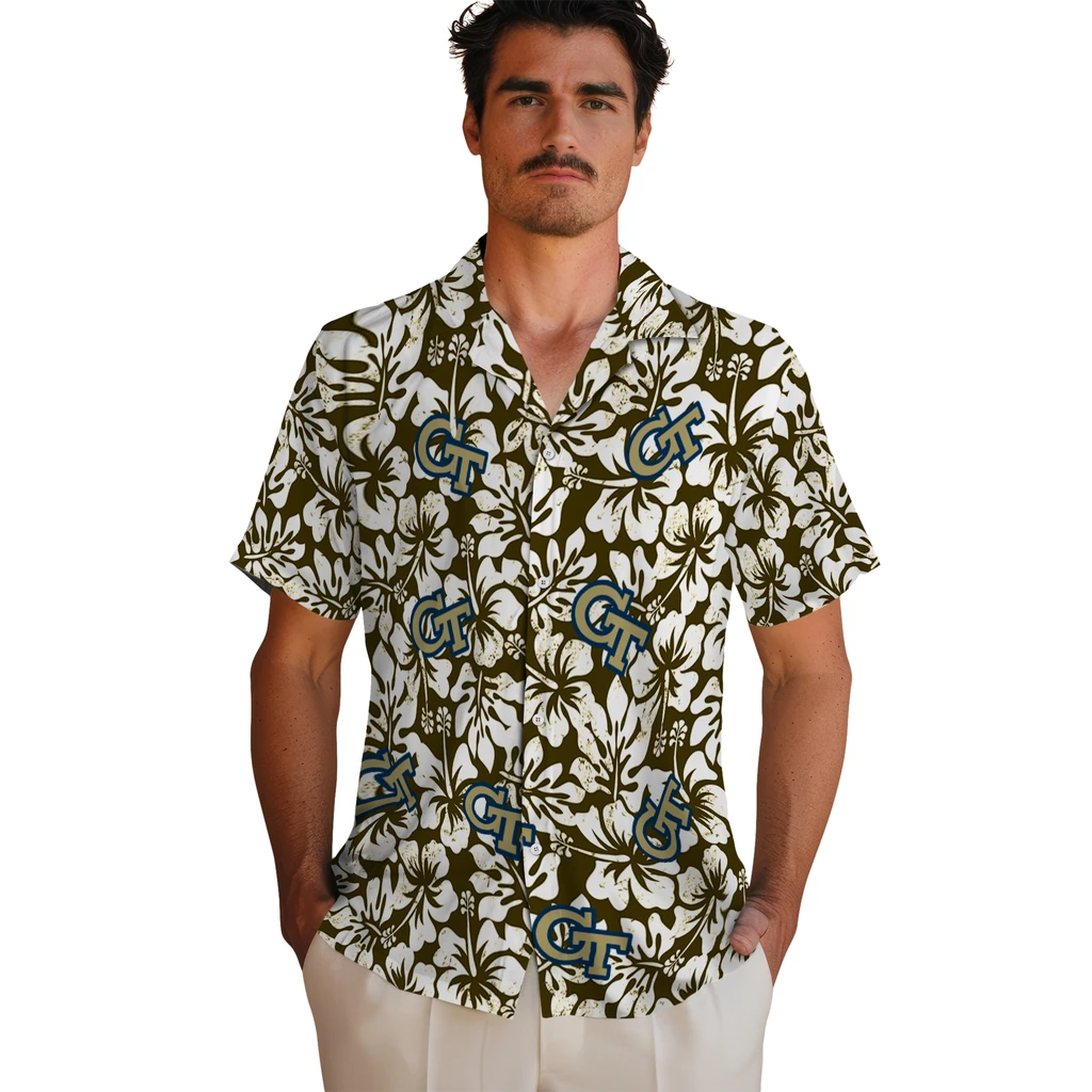 Georgia Tech Yellow Jackets Hawaiian Shirt - Hibiscus Motif georgia tech yellow jackets hibiscus motif gold white hawaiian shirts fashion forward