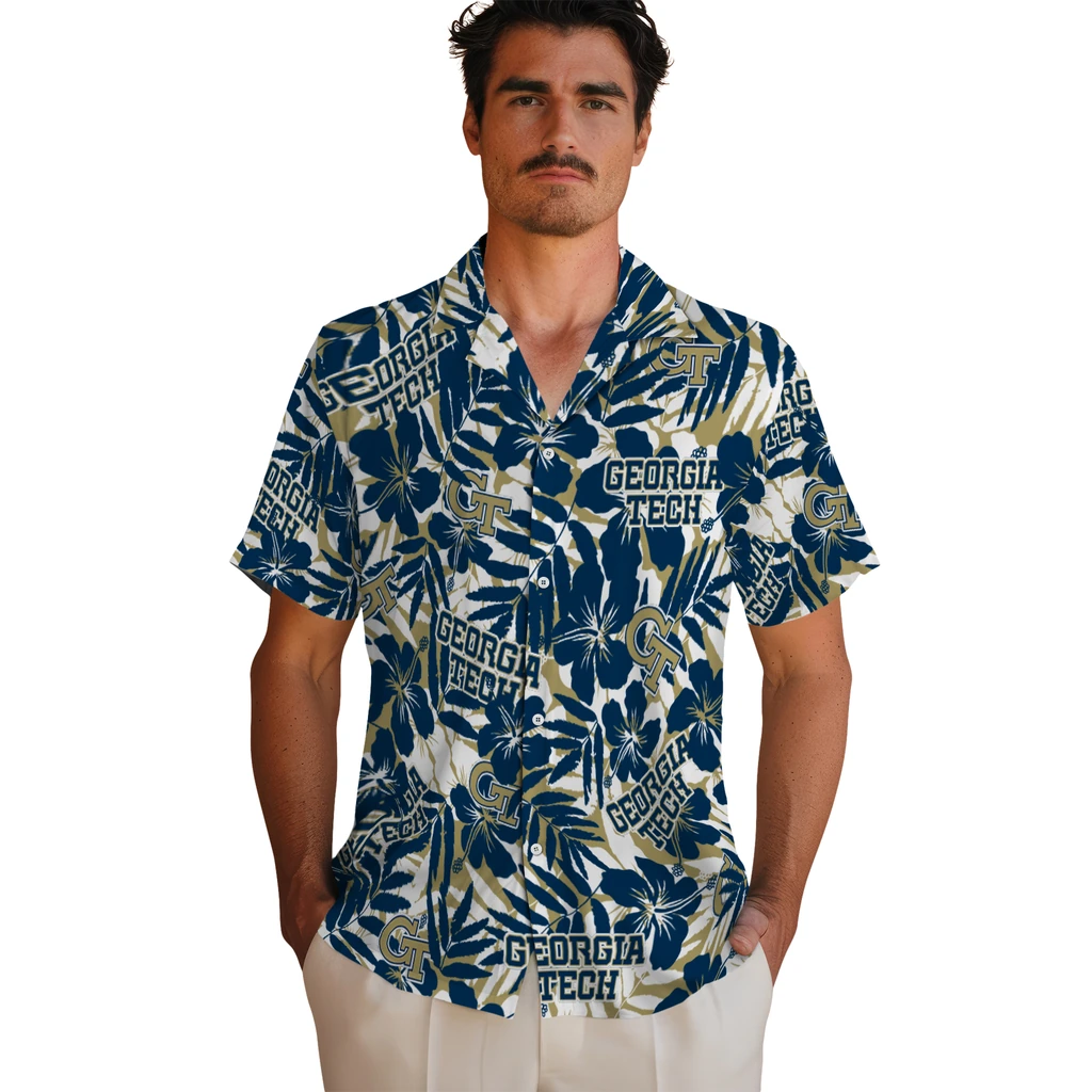 Georgia Tech Yellow Jackets Hawaiian Shirt - Hibiscus Overlay georgia tech yellow jackets hibiscus overlay hawaiian shirts fashion forward
