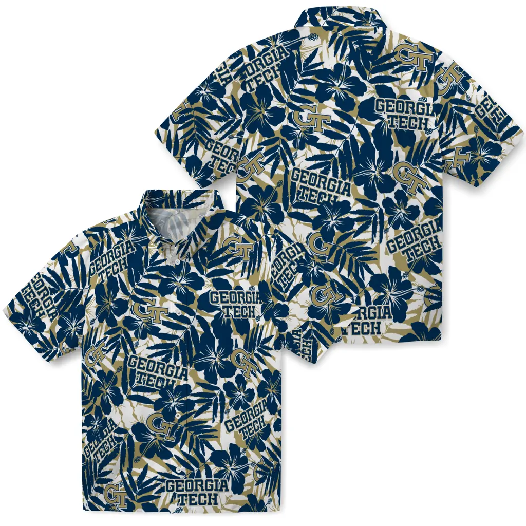 Georgia Tech Yellow Jackets Hawaiian Shirt - Hibiscus Overlay georgia tech yellow jackets hibiscus overlay hawaiian shirts high quality