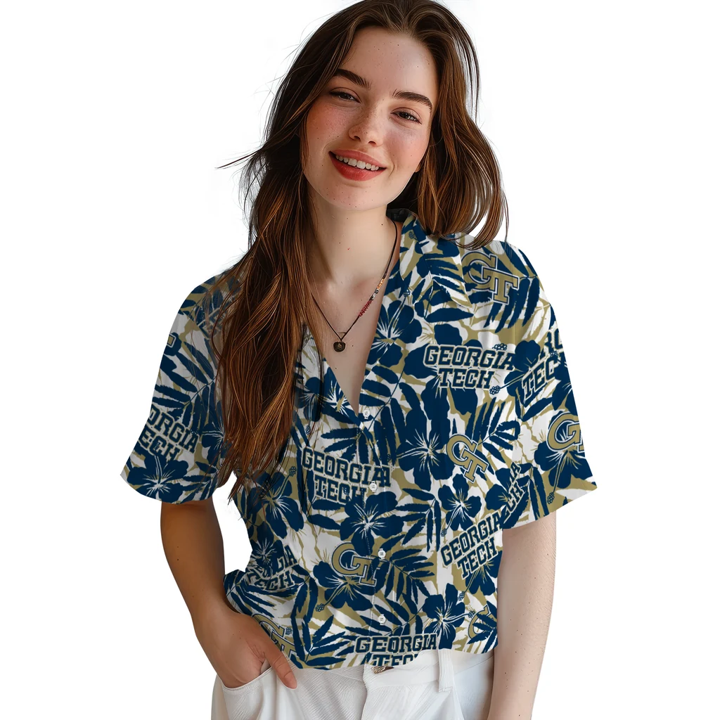 Georgia Tech Yellow Jackets Hawaiian Shirt - Hibiscus Overlay georgia tech yellow jackets hibiscus overlay hawaiian shirts latest model