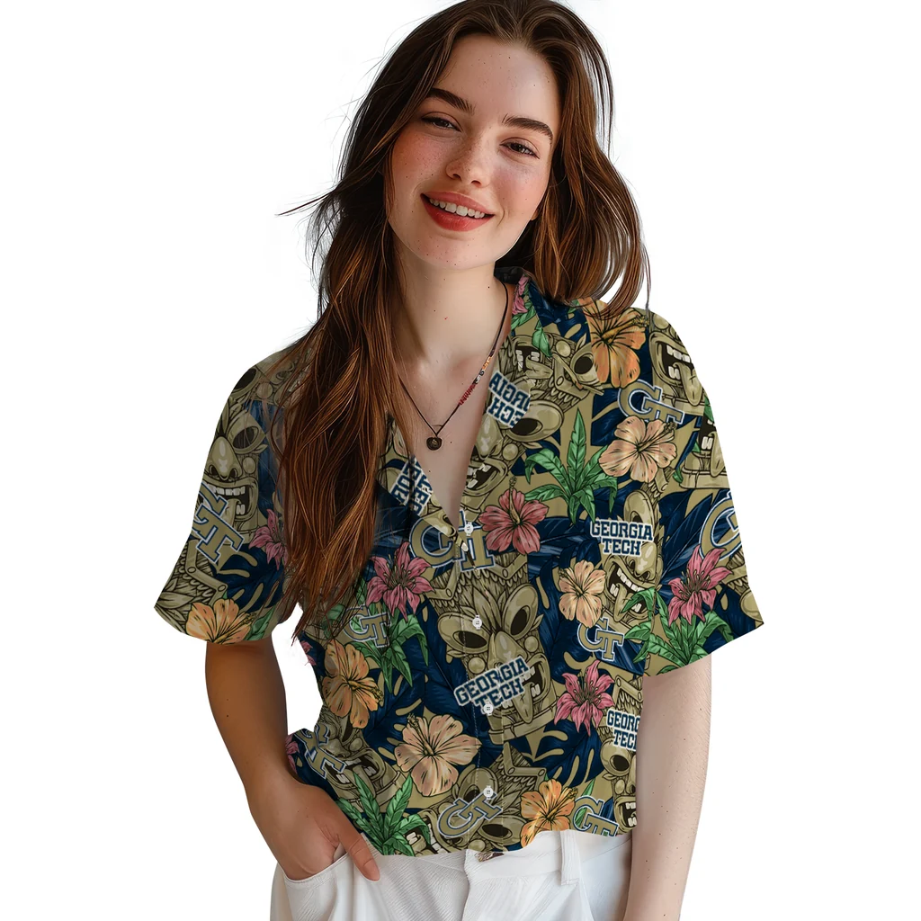 Georgia Tech Yellow Jackets Hawaiian Shirt - Hibiscus Tiki Jungle georgia tech yellow jackets tiki jungle gold hawaiian shirts latest model
