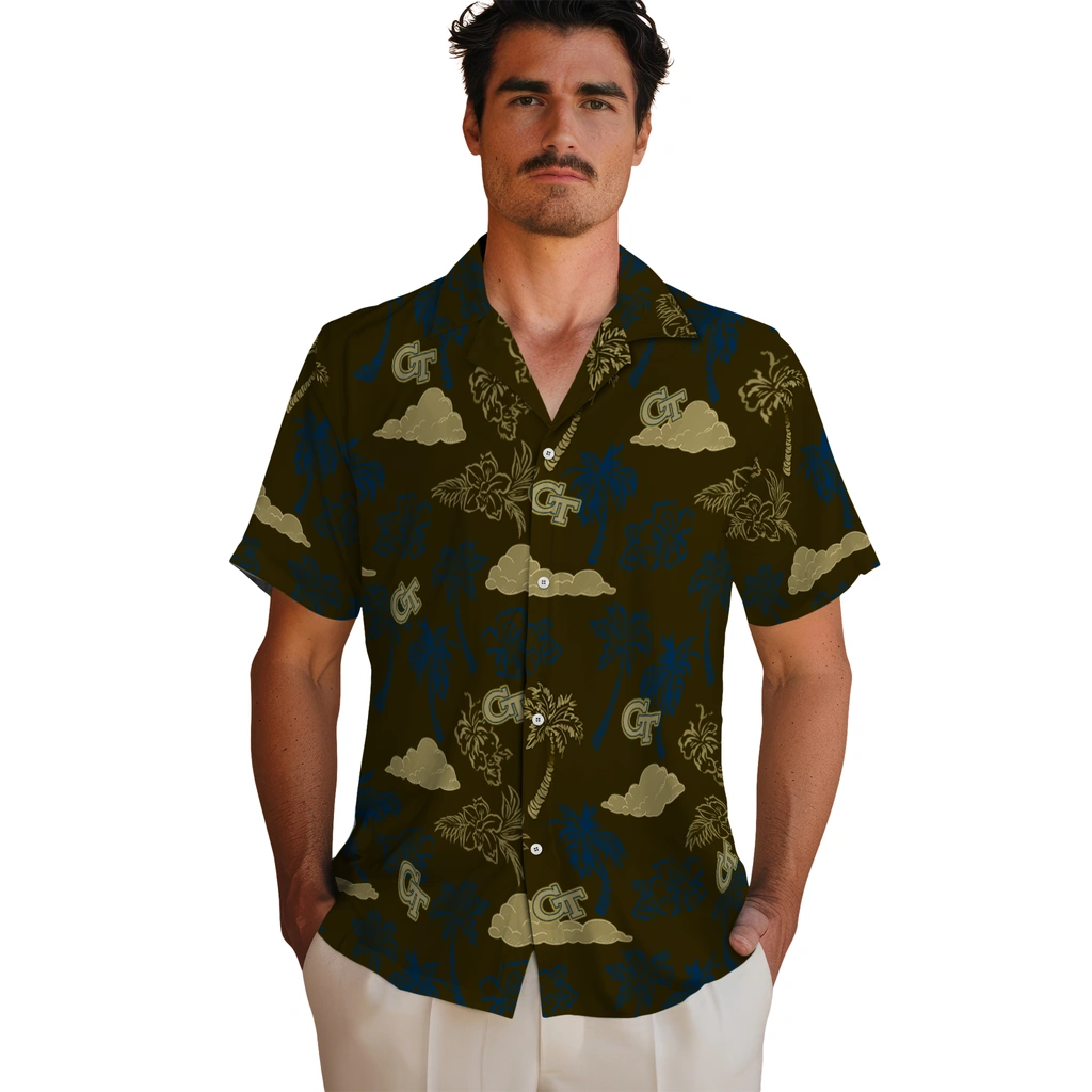 Georgia Tech Yellow Jackets Hawaiian Shirt - Palm And Clouds georgia tech yellow jackets palm and clouds gold hawaiian shirts fashion forward