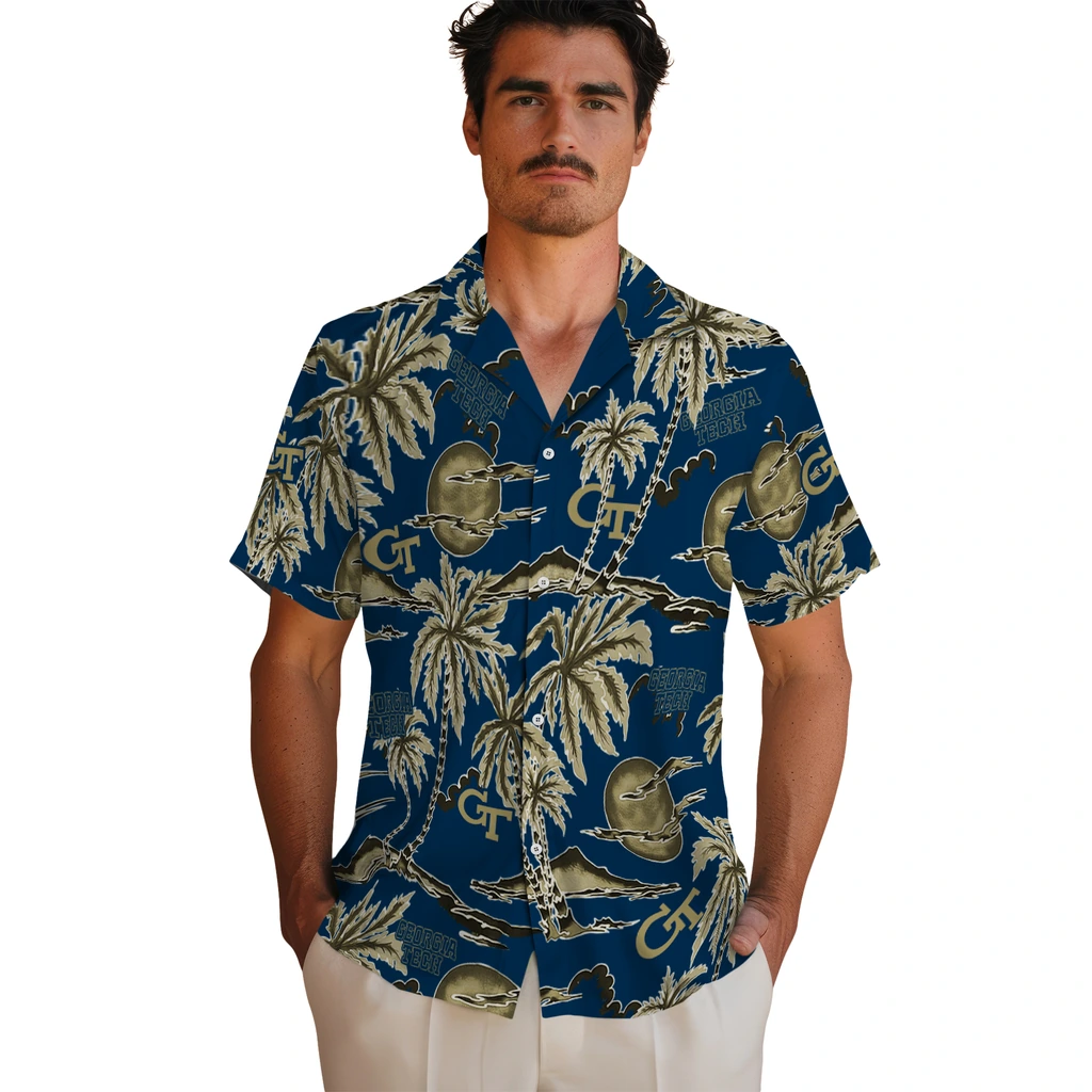 Georgia Tech Yellow Jackets Hawaiian Shirt - Palm Sunset georgia tech yellow jackets palm sunset hawaiian shirts fashion forward