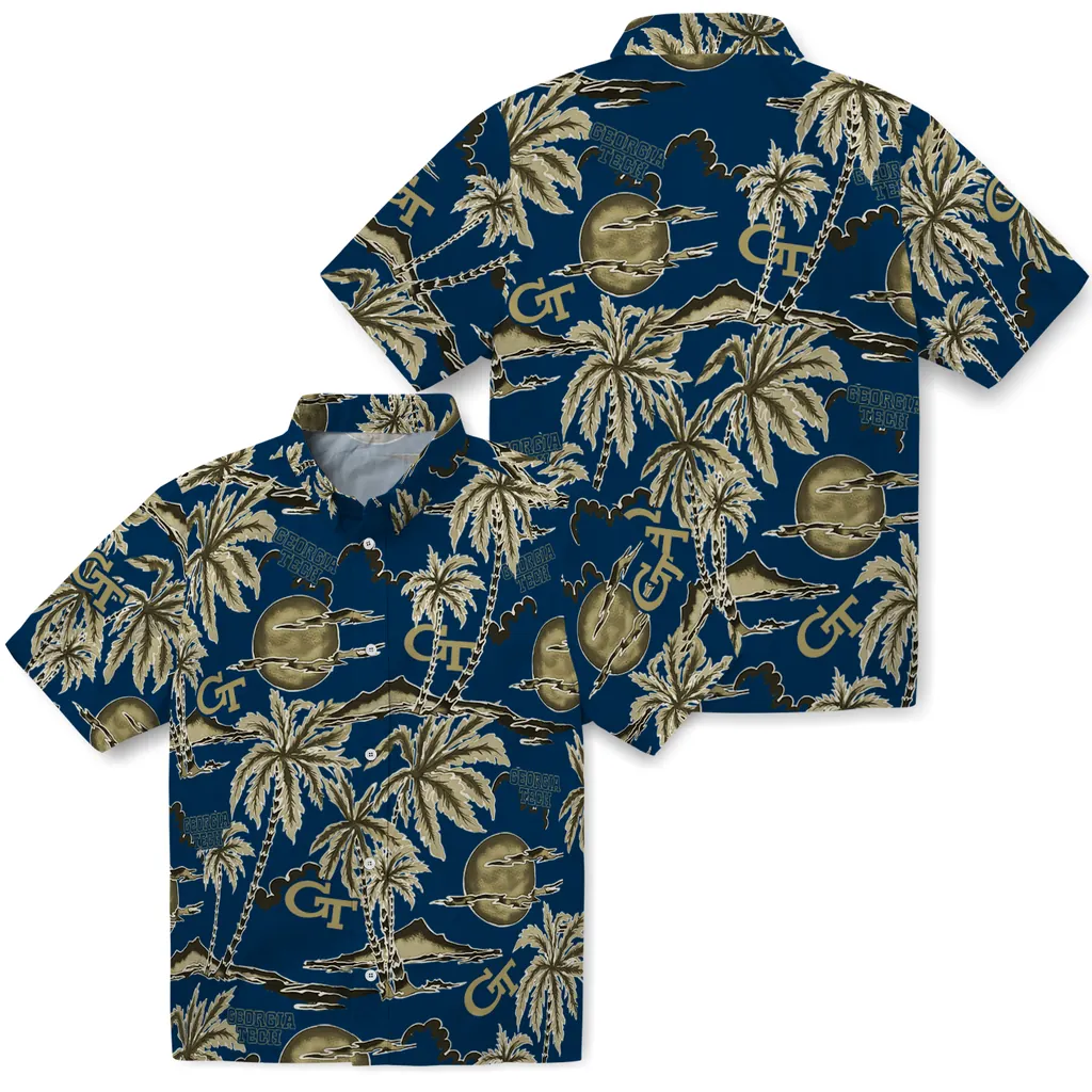 Georgia Tech Yellow Jackets Hawaiian Shirt - Palm Sunset georgia tech yellow jackets palm sunset hawaiian shirts high quality