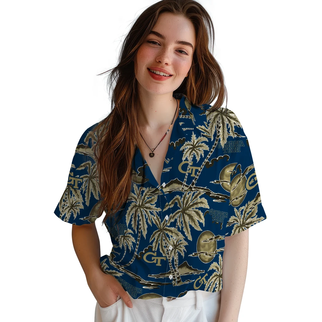 Georgia Tech Yellow Jackets Hawaiian Shirt - Palm Sunset georgia tech yellow jackets palm sunset hawaiian shirts latest model