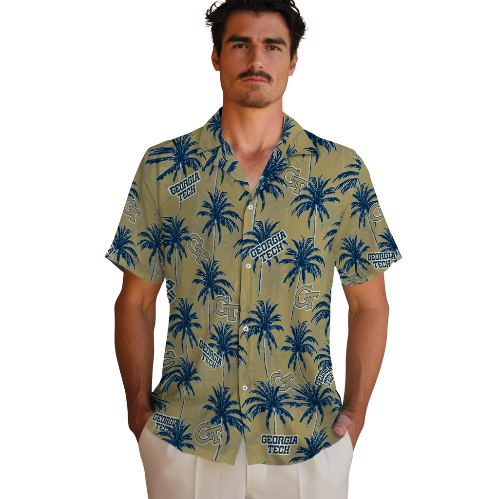 Georgia Tech Yellow Jackets Hawaiian Shirt - Palm Tree Motif georgia tech yellow jackets palm grove gold hawaiian shirts fashion forward