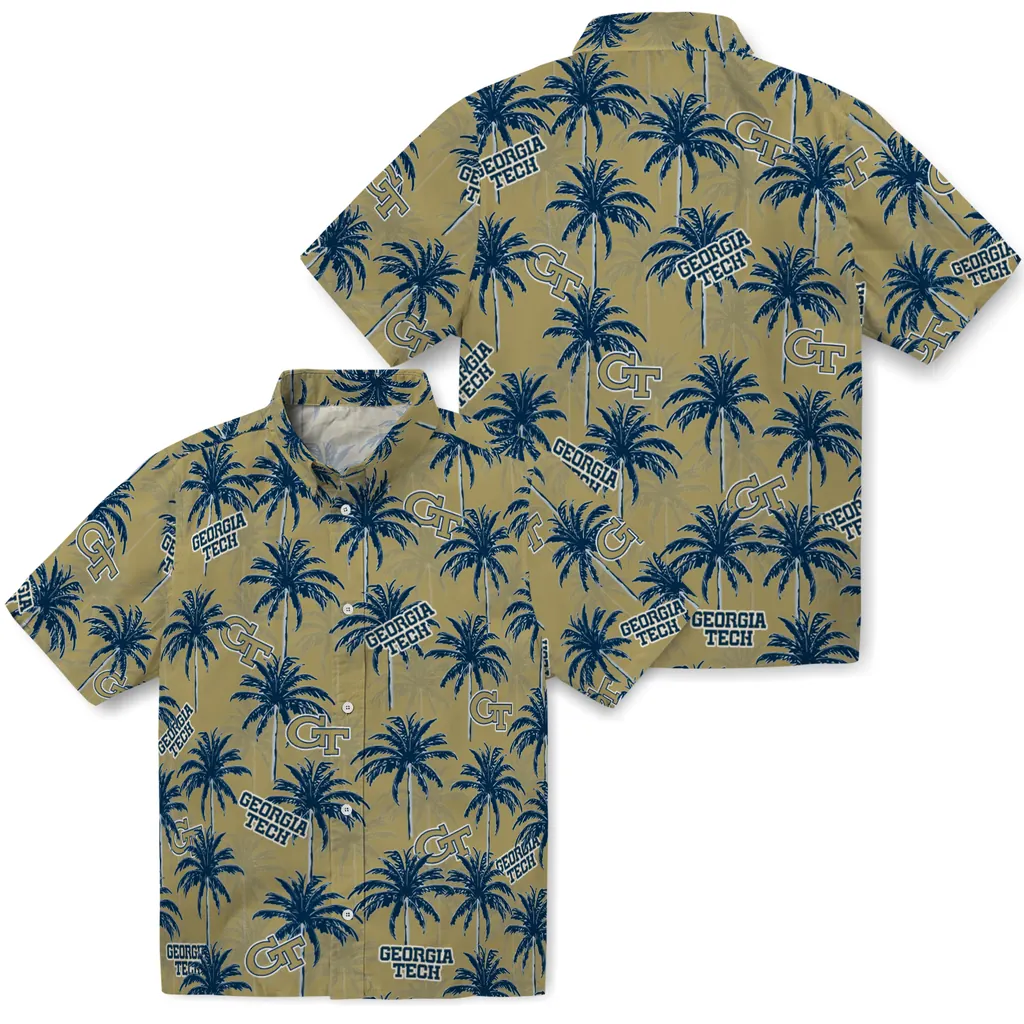Georgia Tech Yellow Jackets Hawaiian Shirt - Palm Tree Motif georgia tech yellow jackets palm grove gold hawaiian shirts high quality