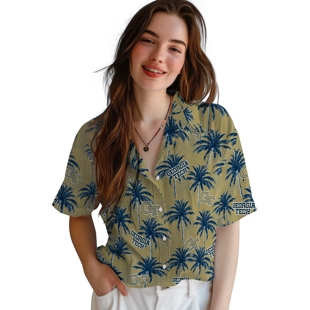 Georgia Tech Yellow Jackets Hawaiian Shirt - Palm Tree Motif georgia tech yellow jackets palm grove gold hawaiian shirts latest model
