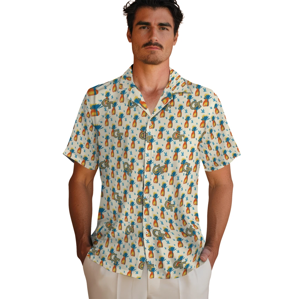 Georgia Tech Yellow Jackets Hawaiian Shirt - Pineapple Delight georgia tech yellow jackets pineapple delight beige hawaiian shirts fashion forward
