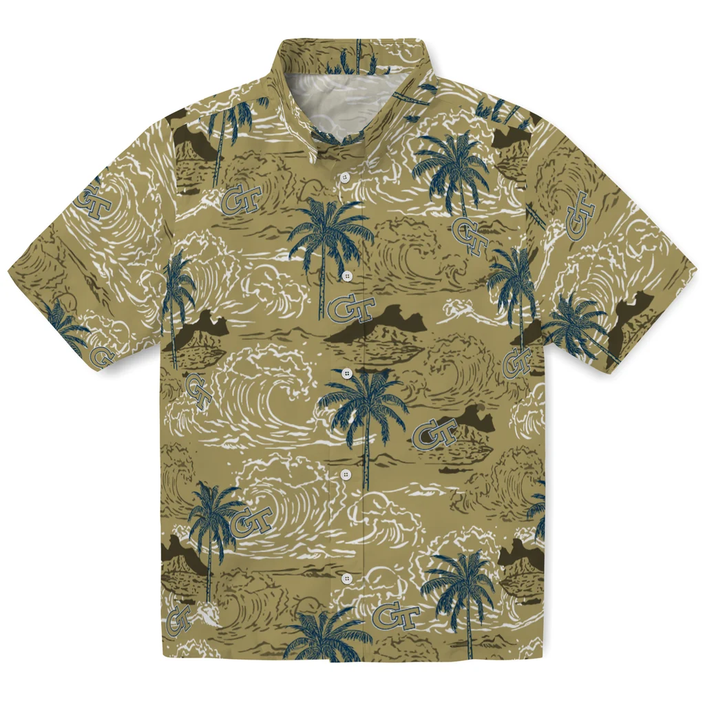Georgia Tech Yellow Jackets Hawaiian Shirt - Wave Palm georgia tech yellow jackets wave palm gold hawaiian shirts best selling