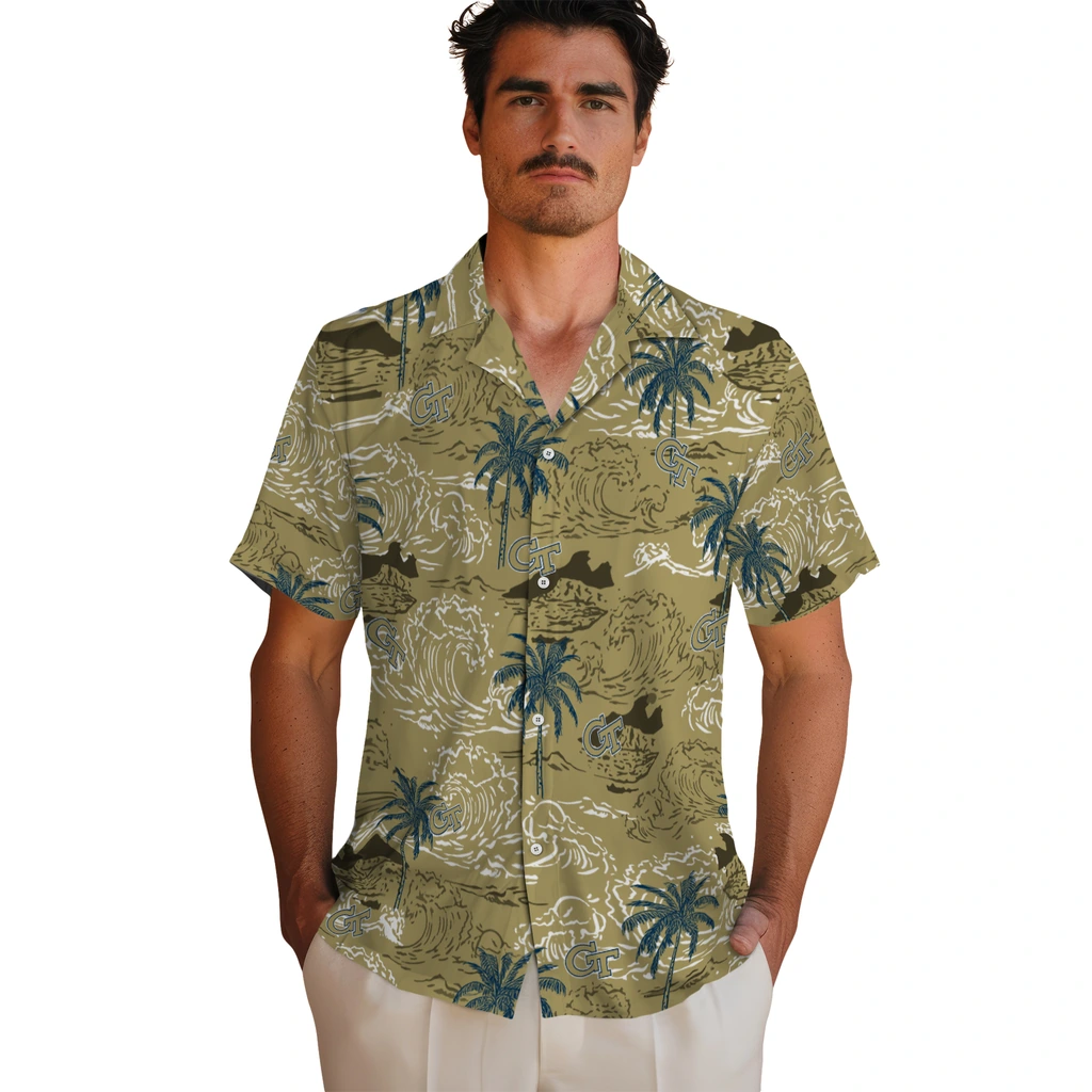 Georgia Tech Yellow Jackets Hawaiian Shirt - Wave Palm georgia tech yellow jackets wave palm gold hawaiian shirts fashion forward
