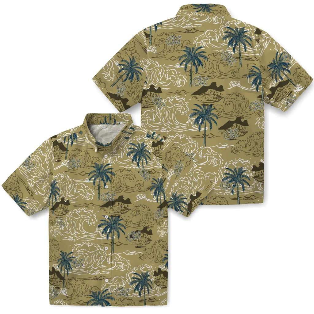 Georgia Tech Yellow Jackets Hawaiian Shirt - Wave Palm georgia tech yellow jackets wave palm gold hawaiian shirts high quality