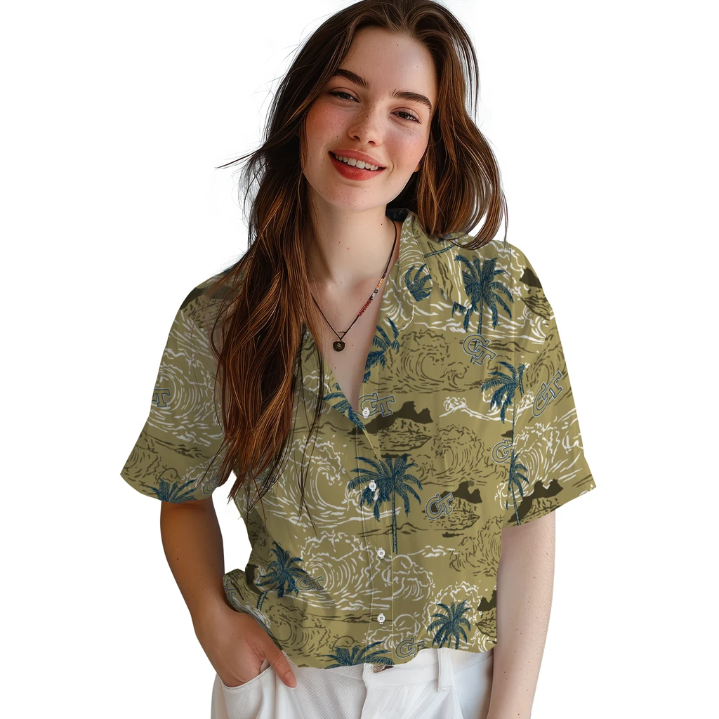Georgia Tech Yellow Jackets Hawaiian Shirt - Wave Palm georgia tech yellow jackets wave palm gold hawaiian shirts latest model