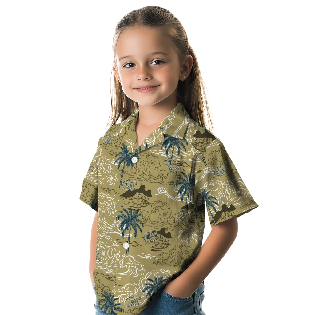 Georgia Tech Yellow Jackets Hawaiian Shirt - Wave Palm georgia tech yellow jackets wave palm gold hawaiian shirts premium grade