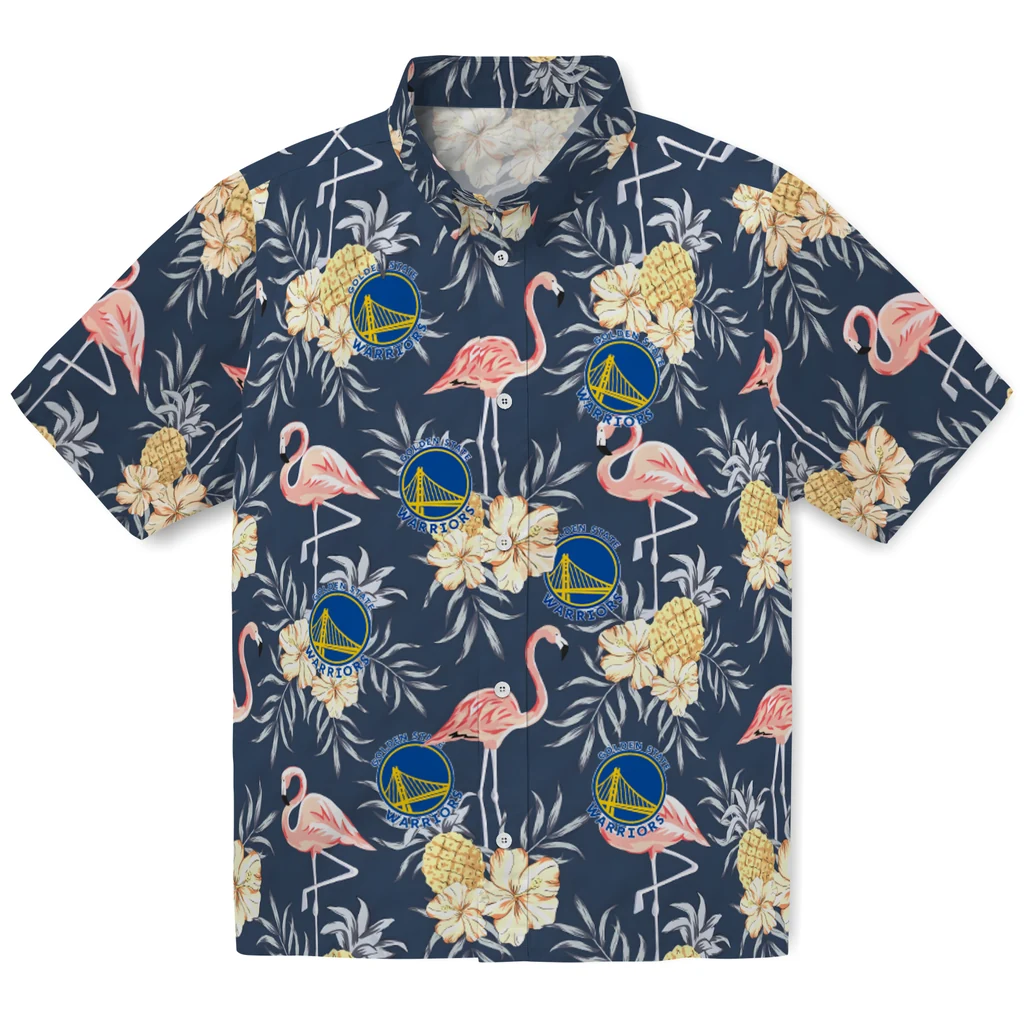 Golden State Warriors Hawaiian Shirt - Flamingo Hibiscus golden state warriors flamingo hibiscus navy hawaiian shirts best selling