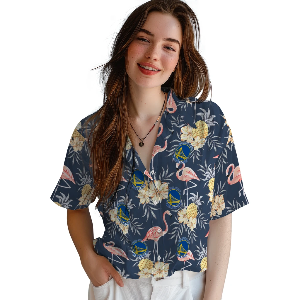 Golden State Warriors Hawaiian Shirt - Flamingo Hibiscus golden state warriors flamingo hibiscus navy hawaiian shirts latest model