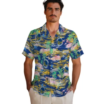 golden state warriors flamingo retreat blue hawaiian shirts fashion forward