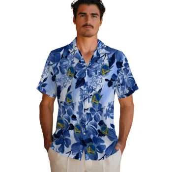 golden state warriors hibiscus arrangement blue hawaiian shirts fashion forward