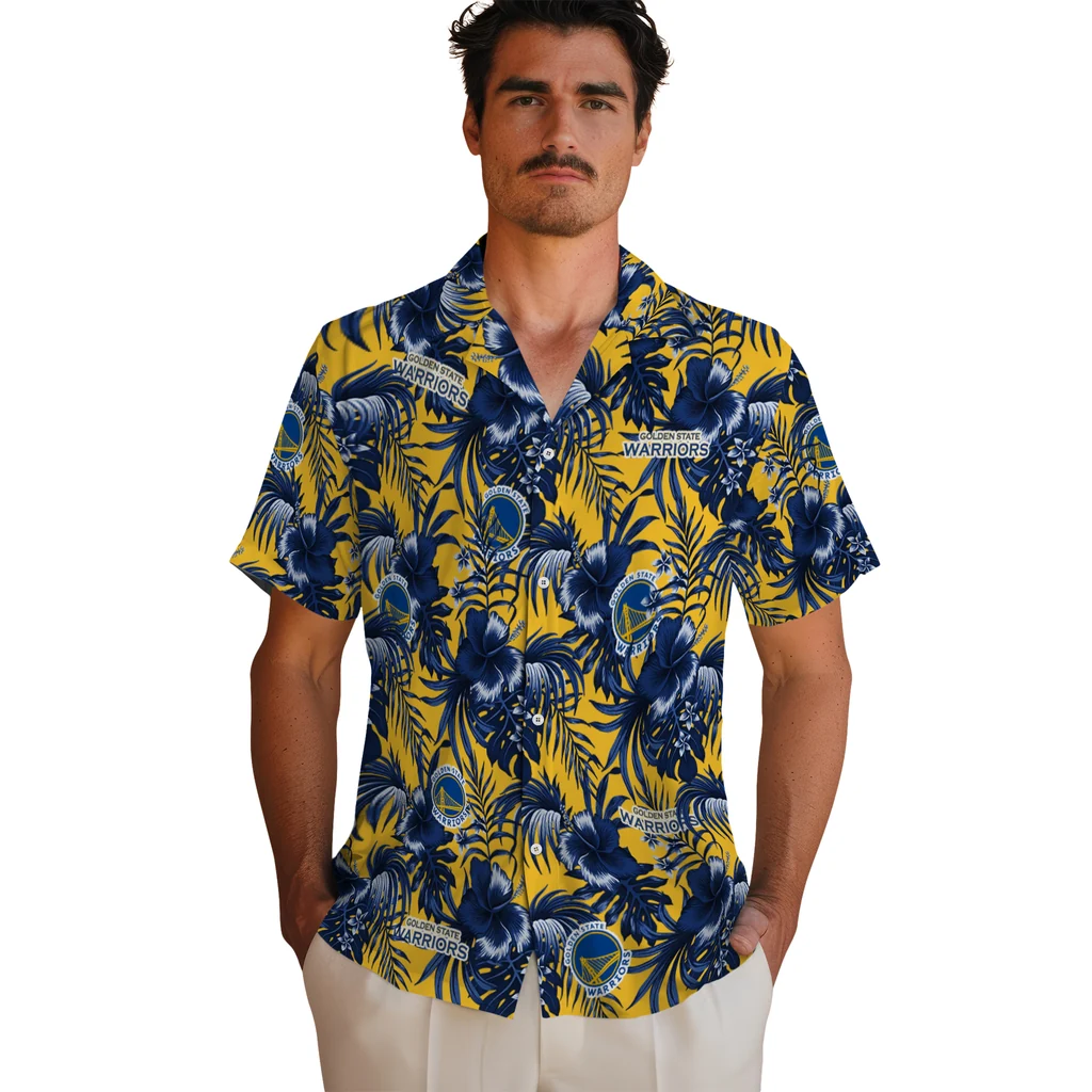 Golden State Warriors Hawaiian Shirt - Hibiscus Exotic golden state warriors hibiscus exotic blue hawaiian shirts fashion forward