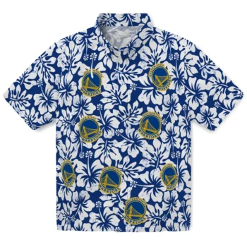 golden state warriors hibiscus motif blue white hawaiian shirts best selling