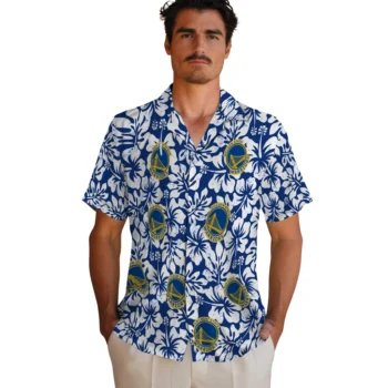 golden state warriors hibiscus motif blue white hawaiian shirts fashion forward