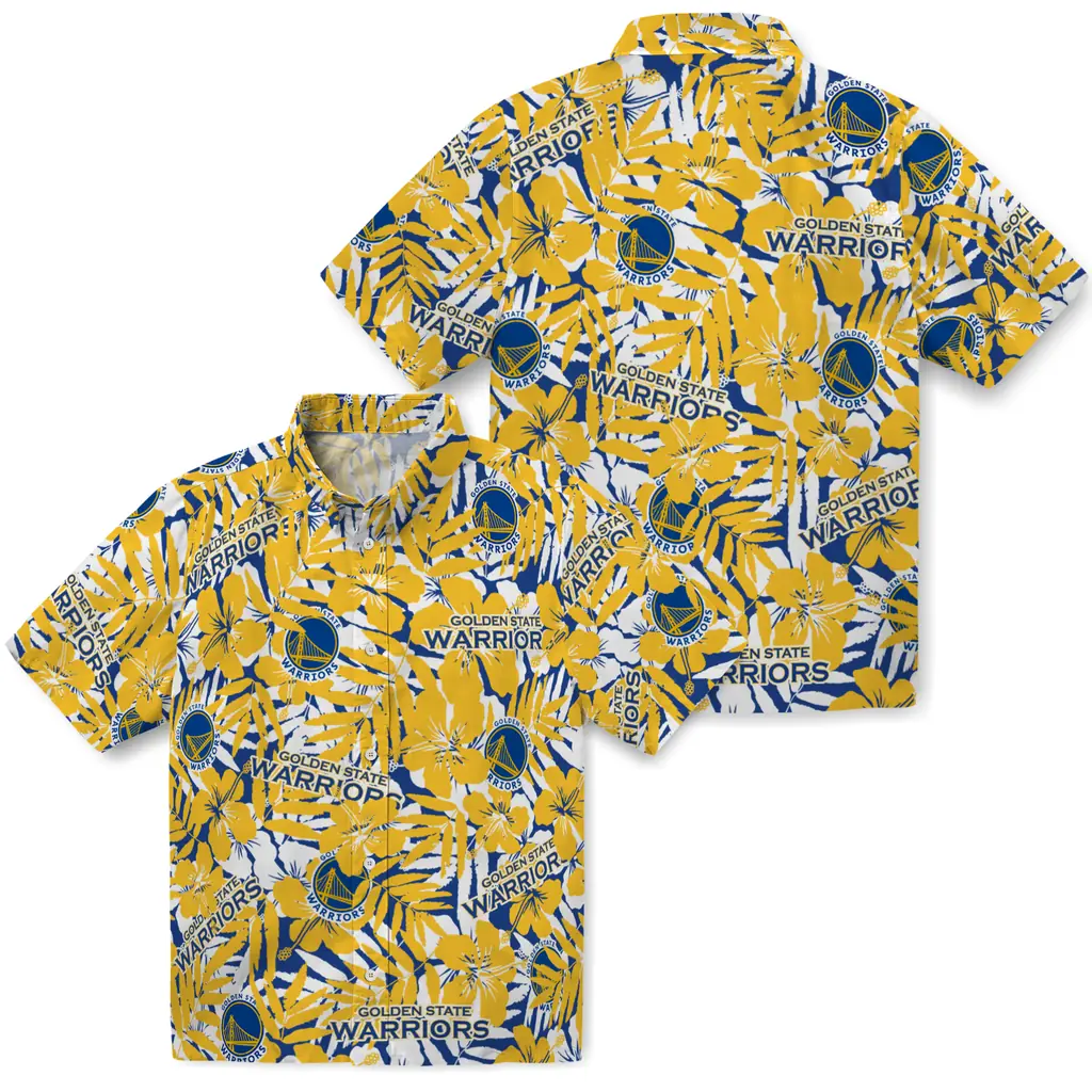 Golden State Warriors Hawaiian Shirt - Hibiscus Overlay golden state warriors hibiscus overlay hawaiian shirts high quality