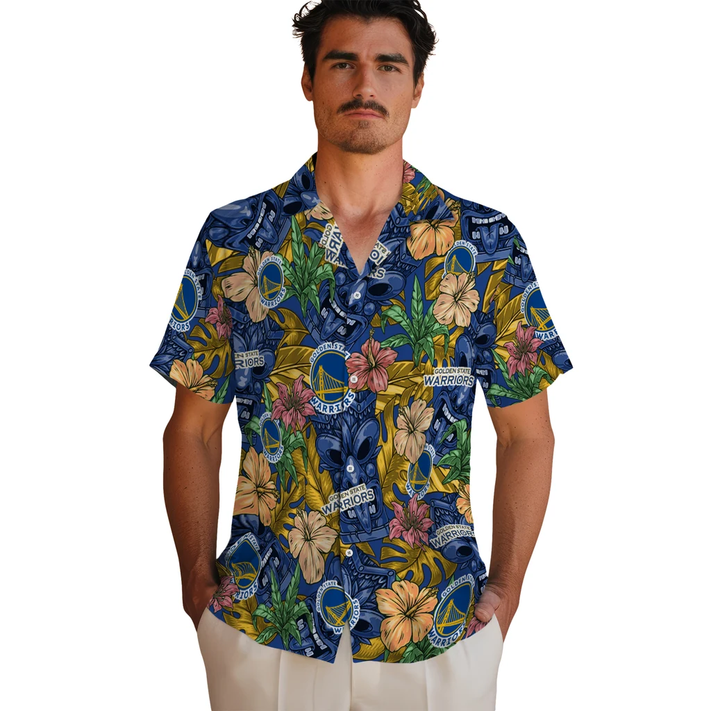 Golden State Warriors Hawaiian Shirt - Hibiscus Tiki Jungle golden state warriors tiki jungle blue hawaiian shirts fashion forward