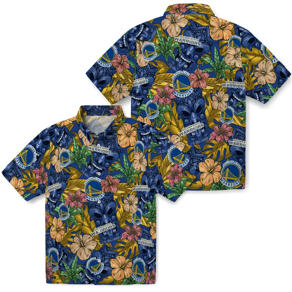 Golden State Warriors Hawaiian Shirt - Hibiscus Tiki Jungle golden state warriors tiki jungle blue hawaiian shirts high quality