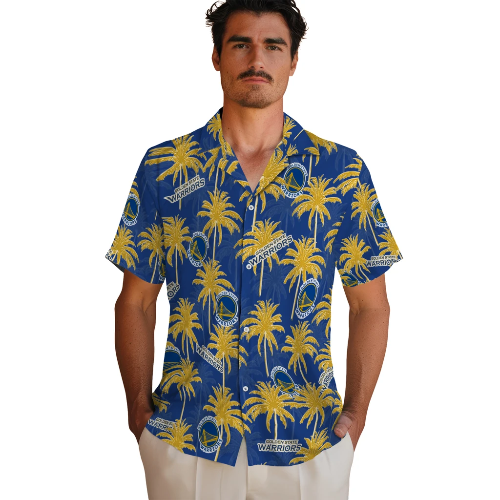 Golden State Warriors Hawaiian Shirt - Palm Tree Motif golden state warriors palm grove blue hawaiian shirts fashion forward
