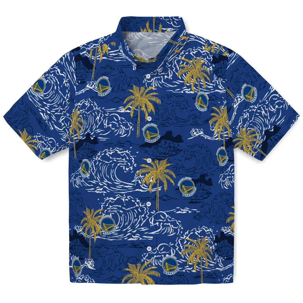 Golden State Warriors Hawaiian Shirt - Wave Palm golden state warriors wave palm blue hawaiian shirts best selling