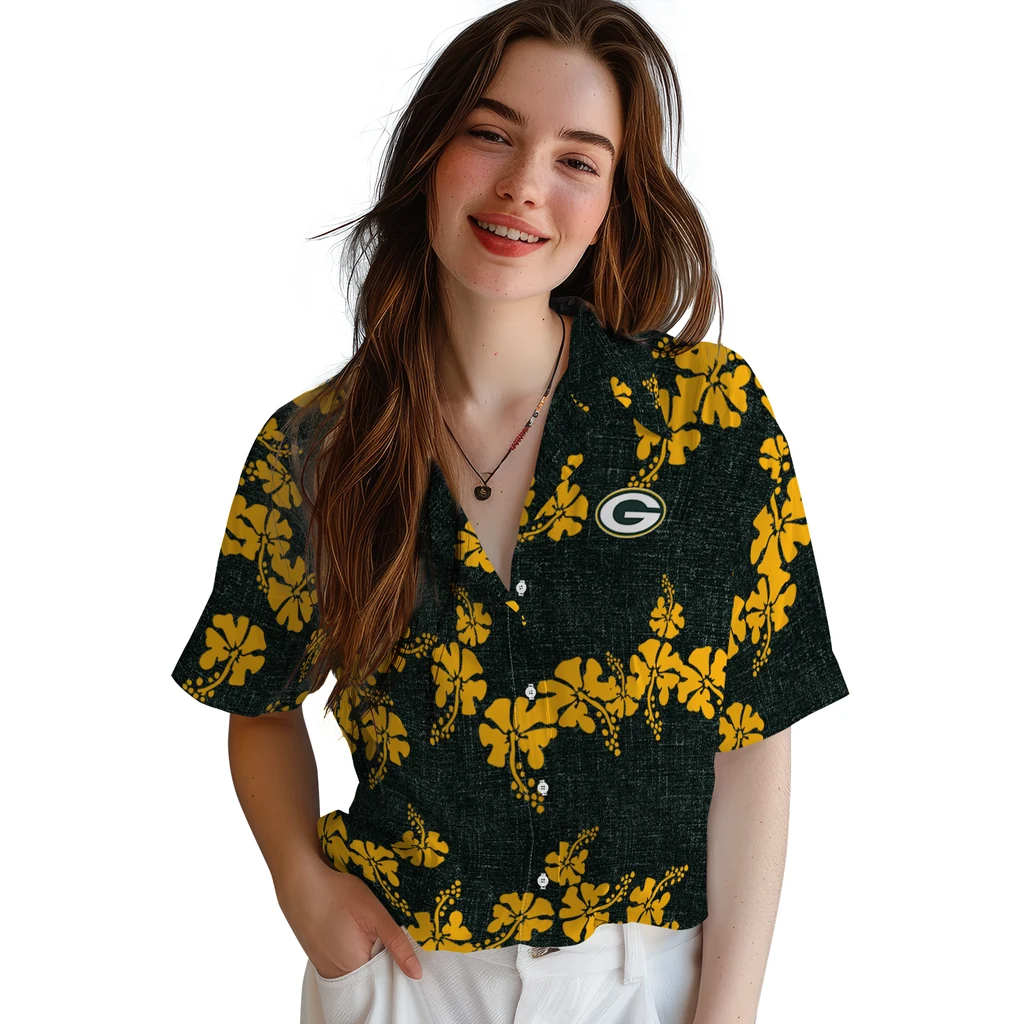 Green Bay Packers Hawaiian Shirt - 50th State Flower green bay packers hibiscus petals green hawaiian shirts latest model