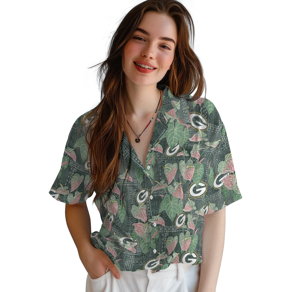 Green Bay Packers Hawaiian Shirt - Anthurium Overlay green bay packers anthurium overlay green hawaiian shirts latest model