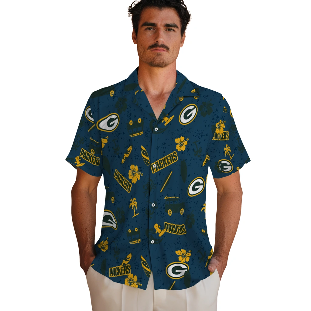 Green Bay Packers Hawaiian Shirt - Beach Vibe green bay packers beach vibe navy hawaiian shirts fashion forward
