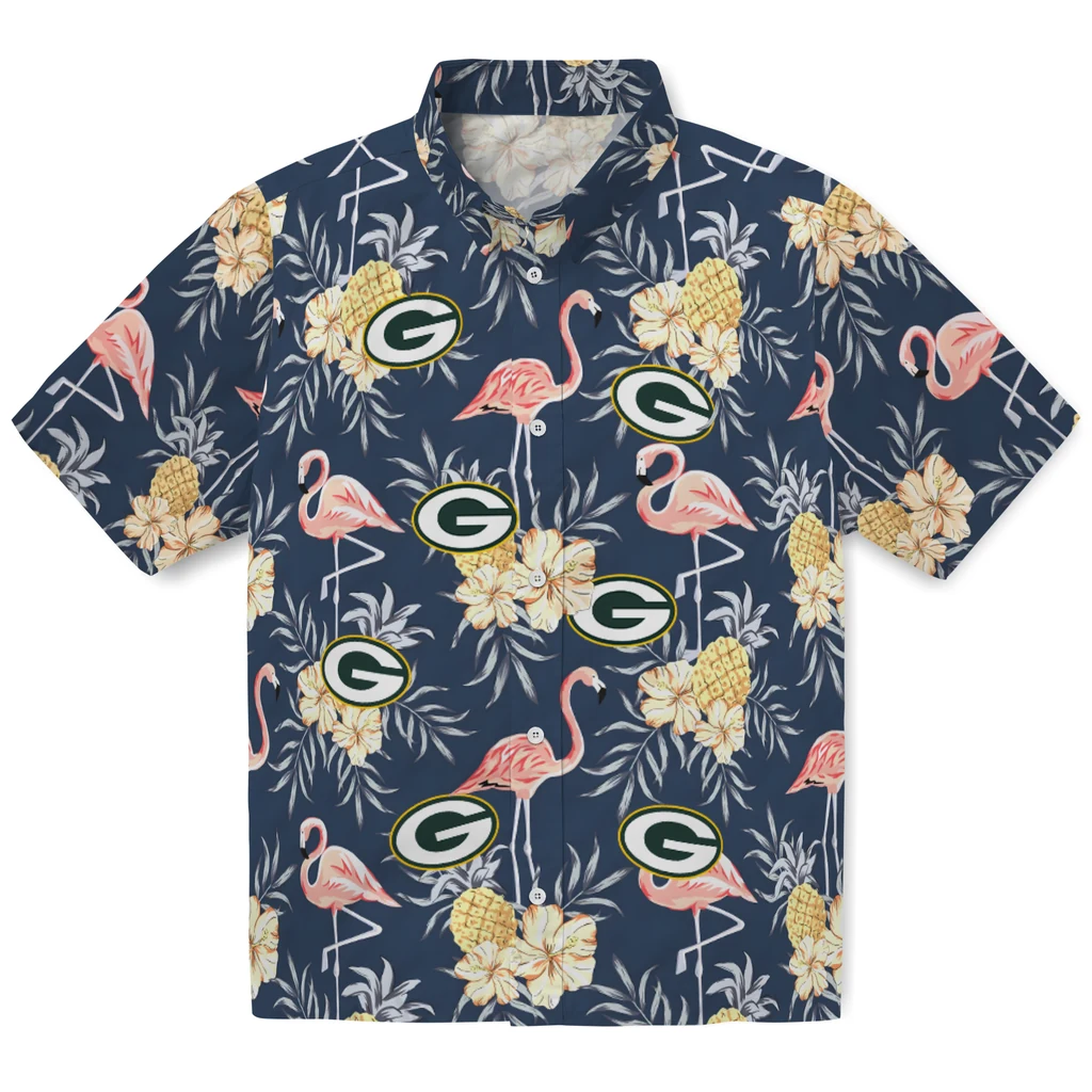 Green Bay Packers Hawaiian Shirt - Flamingo Hibiscus green bay packers flamingo hibiscus navy hawaiian shirts best selling