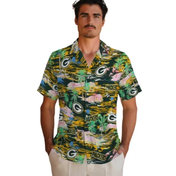 green bay packers flamingo retreat green hawaiian shirts fashion forward