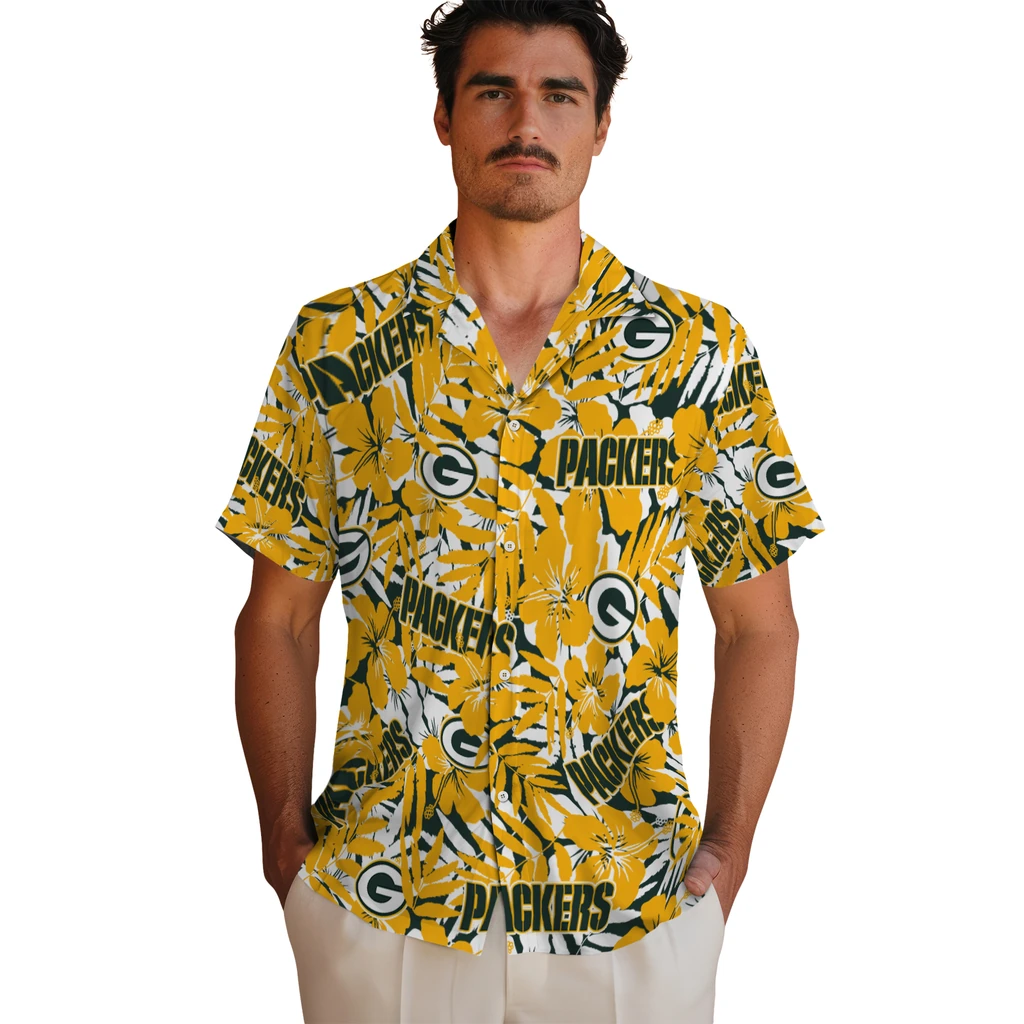 Green Bay Packers Hawaiian Shirt - Hibiscus Overlay green bay packers hibiscus overlay hawaiian shirts fashion forward