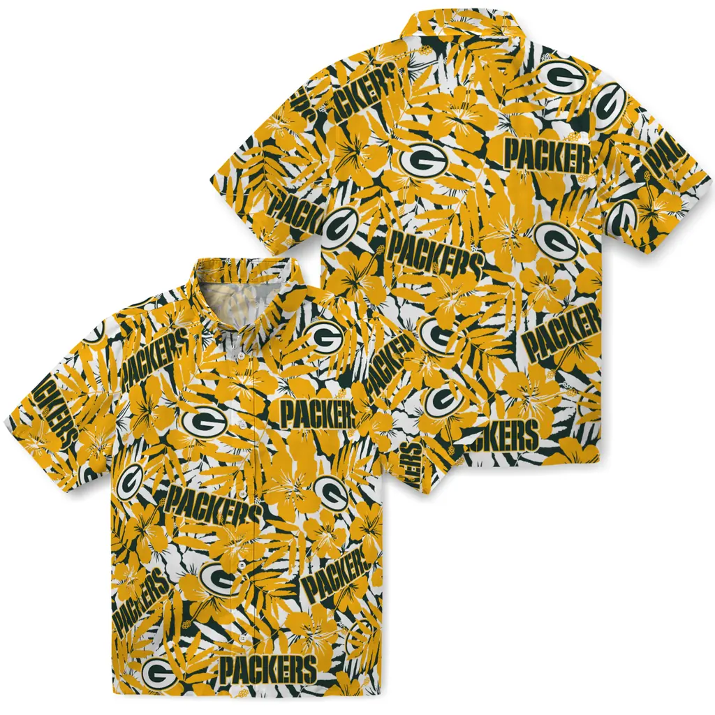 Green Bay Packers Hawaiian Shirt - Hibiscus Overlay green bay packers hibiscus overlay hawaiian shirts high quality