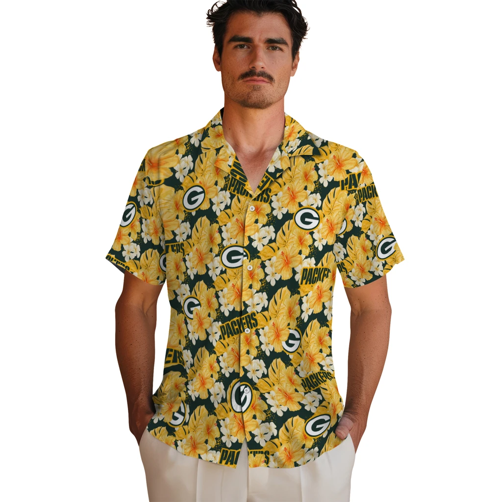 Green Bay Packers Hawaiian Shirt - Hibiscus Tropics green bay packers hibiscus tropics green yellow hawaiian shirts fashion forward