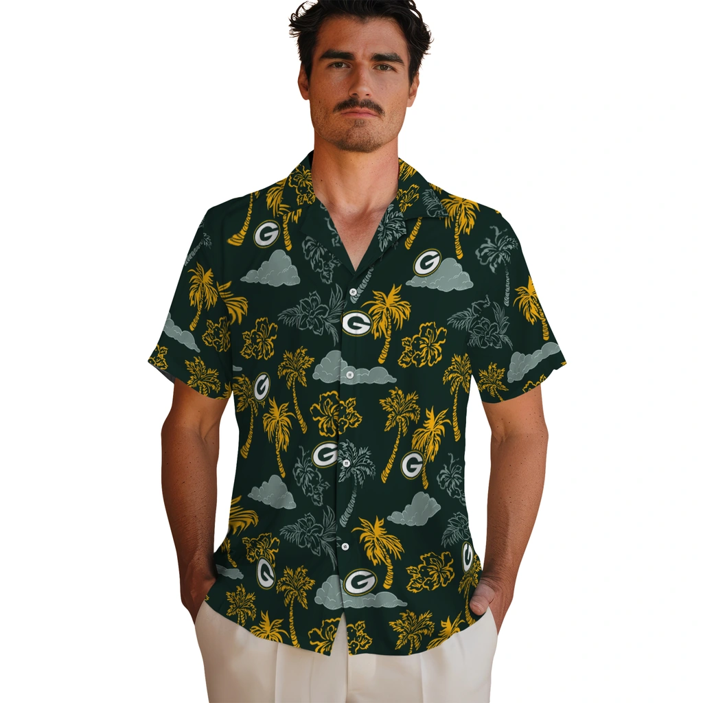 Green Bay Packers Hawaiian Shirt - Palm And Clouds green bay packers palm and clouds green hawaiian shirts fashion forward
