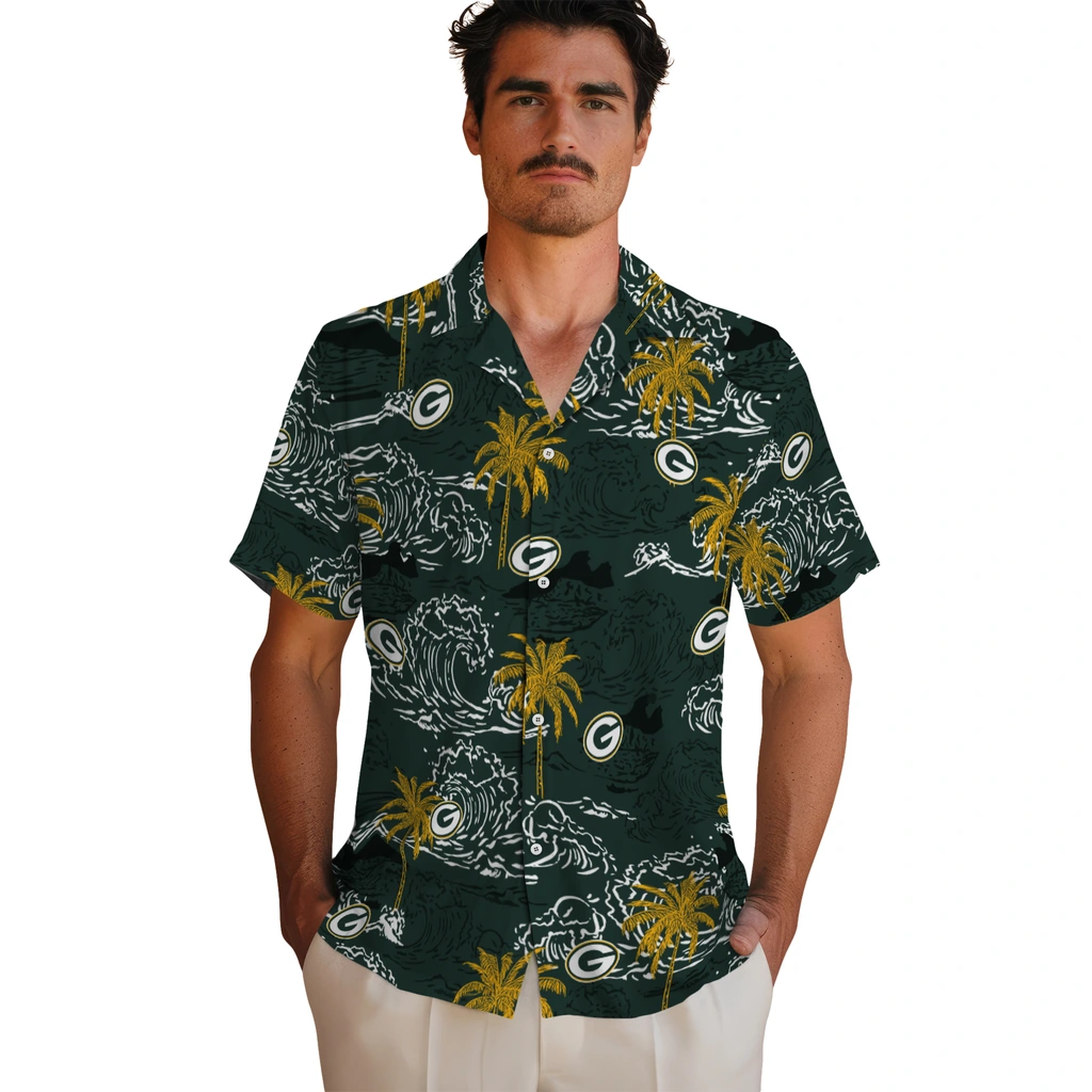 Green Bay Packers Hawaiian Shirt - Wave Palm green bay packers wave palm green hawaiian shirts fashion forward