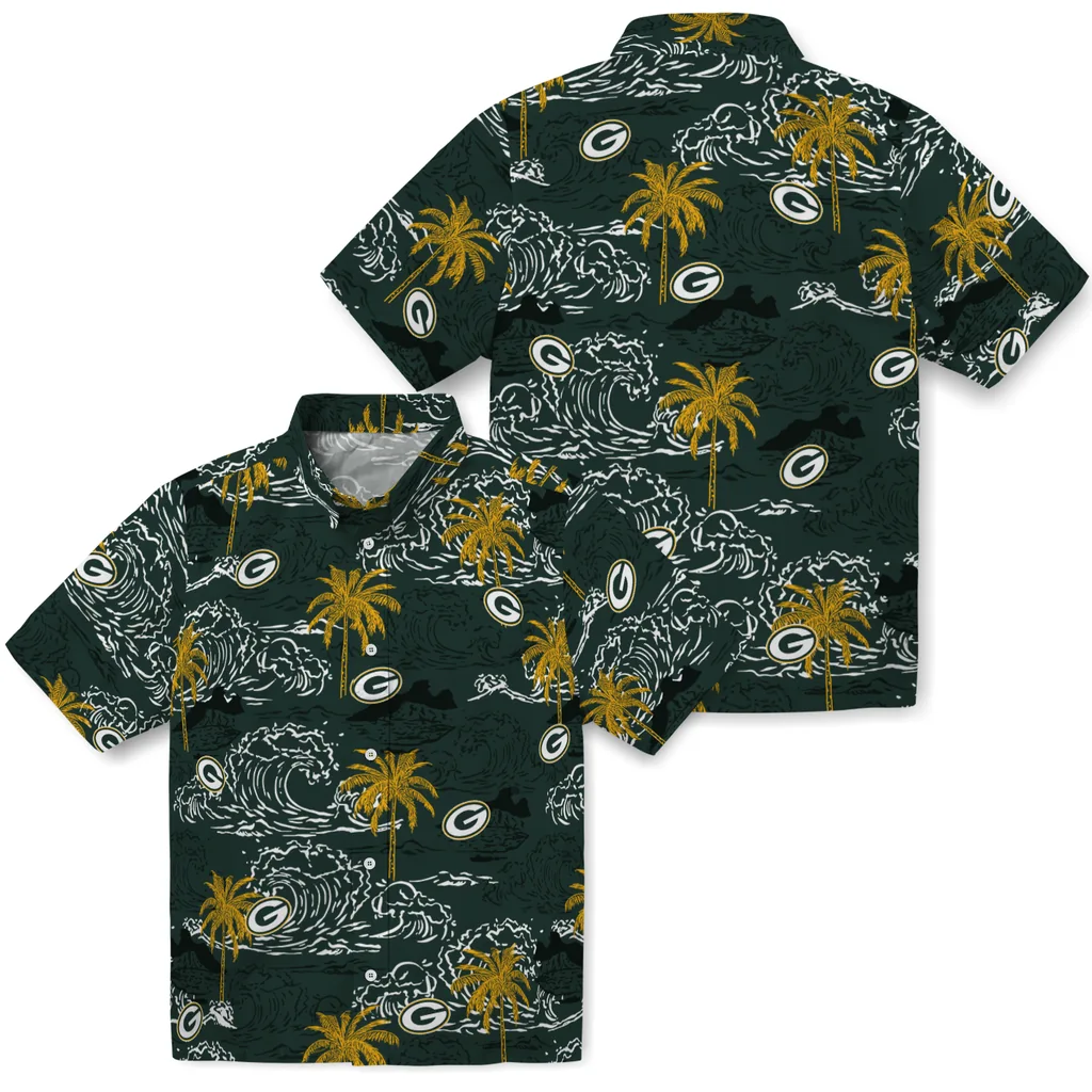 Green Bay Packers Hawaiian Shirt - Wave Palm green bay packers wave palm green hawaiian shirts high quality