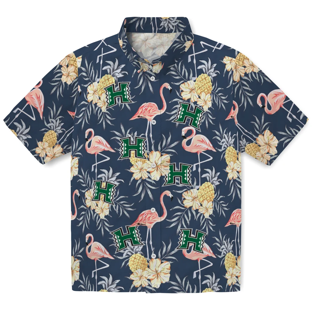 Hawaii Rainbow Warriors Hawaiian Shirt - Flamingo Hibiscus hawaii rainbow warriors flamingo hibiscus navy hawaiian shirts best selling